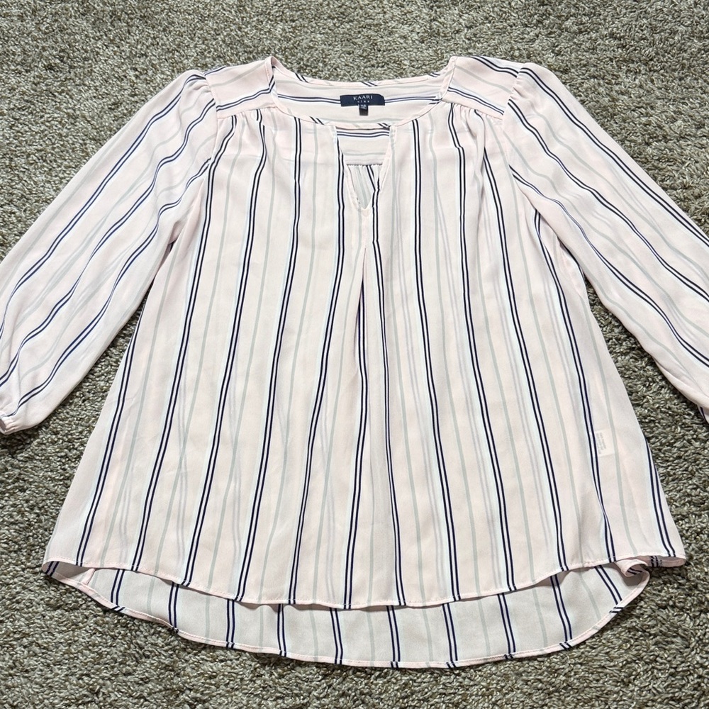 Kaari Blue Blouse with Pink and Navy Stripes